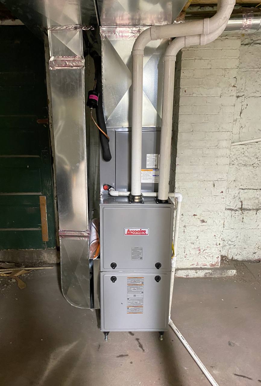 Arcoaire high-efficiency furnace installation by HP Heating & Air in a Pittsburgh basement